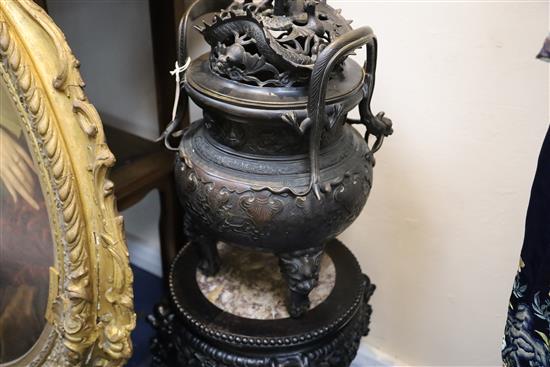 A rare Chinese archaistic bronze censer and cover, Xuande fifteen character mark but 19th century, H. 62.5cm